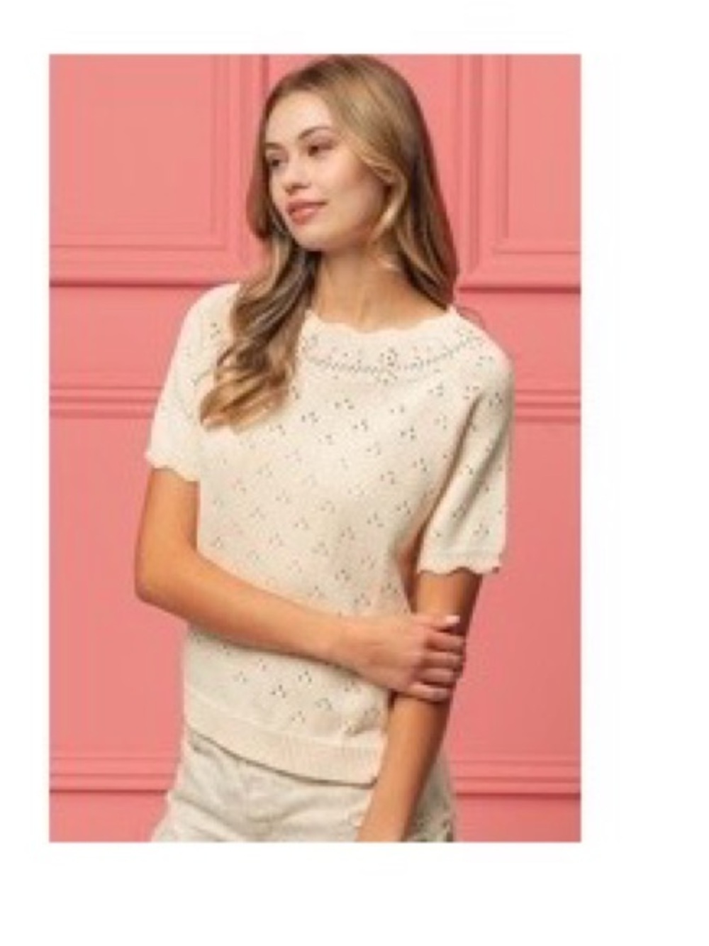 BiBi Scalloped Edge Neck Pointelle Short Sleeve Sweater - size M NWT